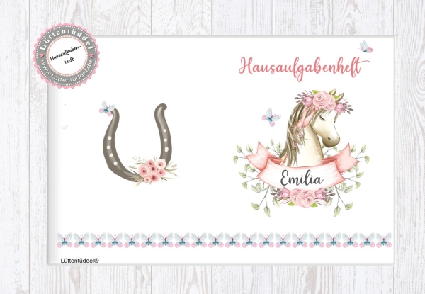 zuckersüßes Schulheft Umschlag Pferd Hausaufgabenheft in seperater hochwertiger Hülle von Lüttentüddel